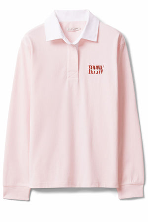 The RM Williams Narran Heritage Rugby is a light pink organic cotton long-sleeve shirt with a brushed twill white collar and a small red "RAW" logo on the left chest.