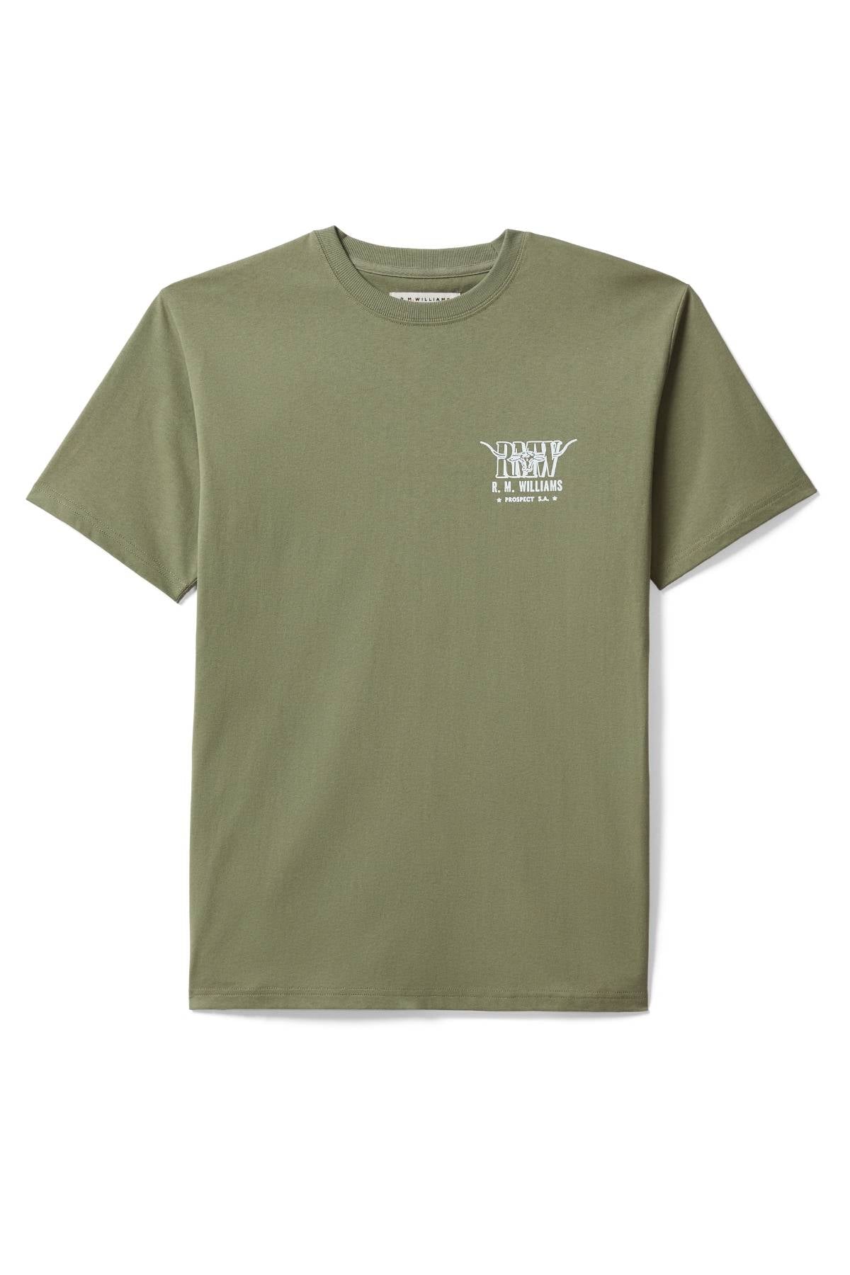 The RM Williams Prospect T-Shirt is a plain olive green tee with a ribbed crew neck, short sleeves, and a small white logo and text on the left chest, displayed flat on a white background.