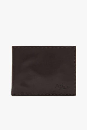 The RMW Singleton Wallet with Coin Pouch, made from luxurious calf leather, showcases a stitched border and subtle embossed branding on the lower right corner. It provides RFID protection and is beautifully presented against a simple white background.