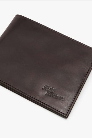 The RMW Singleton Wallet with Coin Pouch, crafted from dark brown calf leather and featuring the "R.M. Williams" logo embossed in the bottom right corner, provides RFID protection and is displayed against a plain white background.