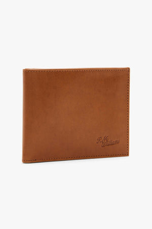 The RMW Singleton Wallet with Coin Pouch, crafted from brown calf leather and featuring the embossed "R.M. Williams" logo in the bottom right corner, is elegantly closed and set against a plain white background. With RFID protection, this wallet combines security with timeless style.