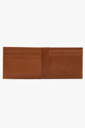 The RMW Singleton Wallet with Coin Pouch, crafted from brown calf leather, is open to reveal multiple card slots on one side and a larger pocket on the other. Inside, it features a logo stamp alongside "Made in Australia," seamlessly combining style with RFID protection for enhanced security.