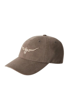 The RM Williams Longhorn Twill Cap features brown twill fabric, a curved brim, and an embroidered longhorn skull outline on the front. This adjustable strap cap is displayed against a plain white background.