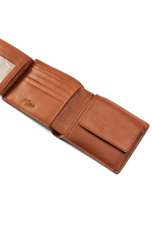 The RM Williams Wallet with Pocket and Tab features brown full grain leather, card slots, a mesh ID window, and a handy coin pocket—perfect for everyday use.