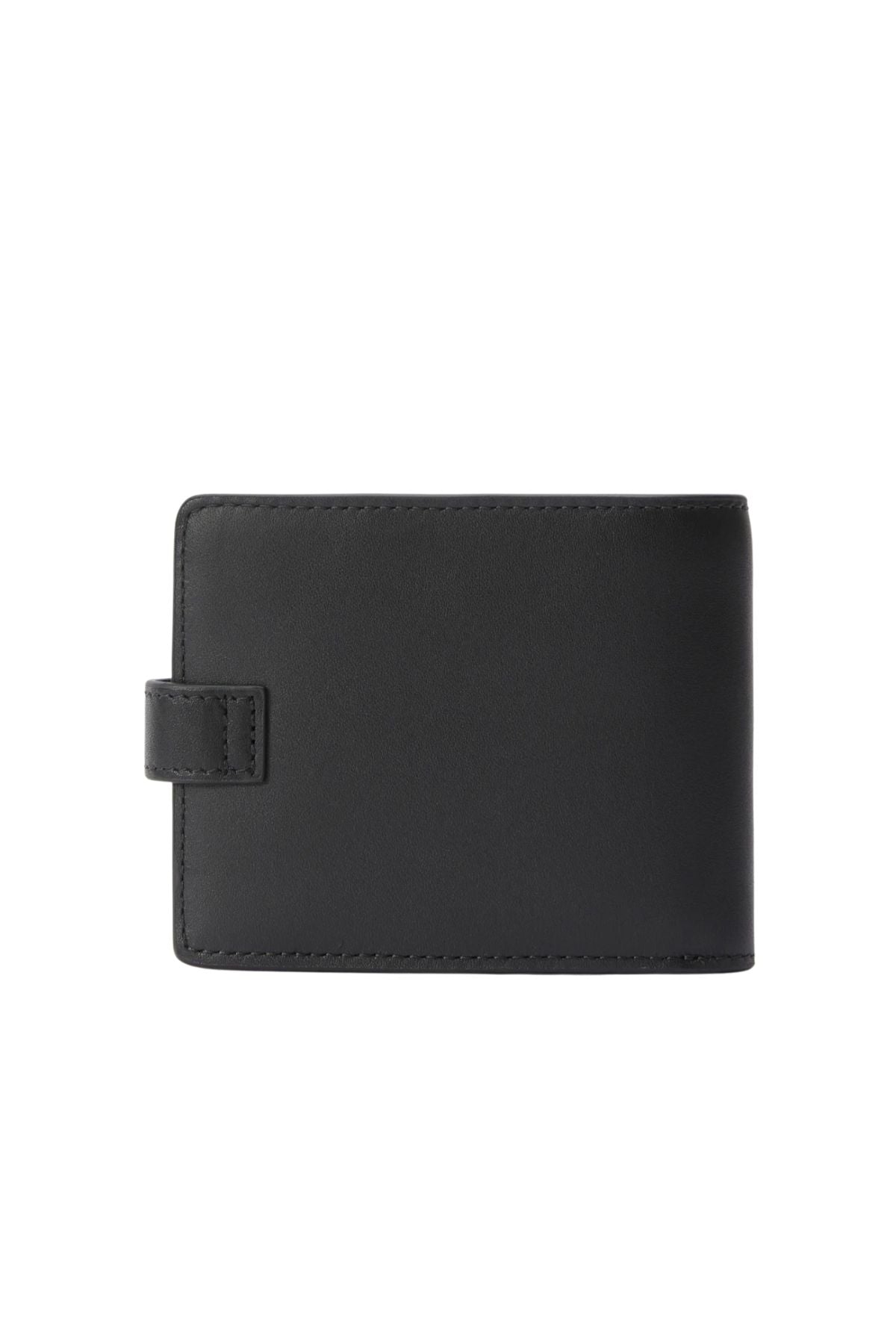 The RM Williams Wallet with Pocket & Tab, made from closed black full grain leather and featuring a press stud closure, is shown against a plain white background.