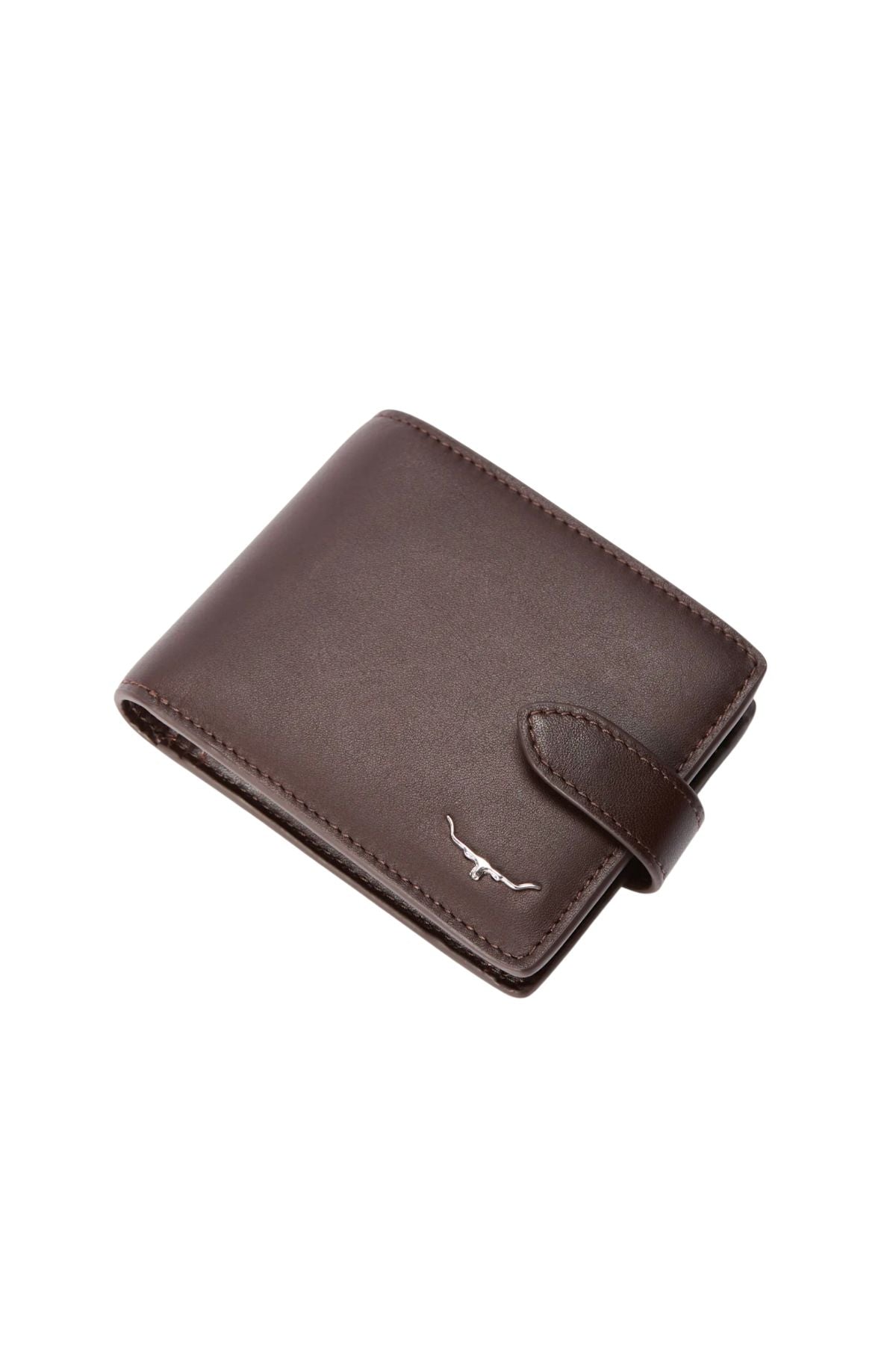 The RM Williams Wallet with Pocket & Tab is made from brown full-grain leather, features a press stud closure, and has a small silver bull emblem in one corner. Displayed against a white background.