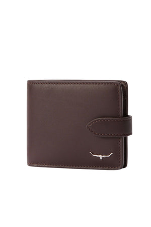 The RM Williams Wallet with Pocket & Tab, made of closed full grain leather, features a press stud closure and a small silver bull logo in the bottom right corner, shown against a white background.