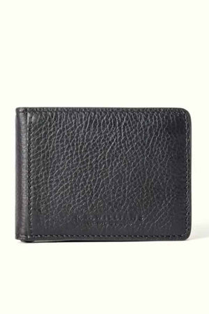 The RM Williams Farrier Bi Fold Wallet is crafted from premium smooth leather, featuring a black textured surface with visible stitching around the edges. It is closed and positioned against a plain, light background.