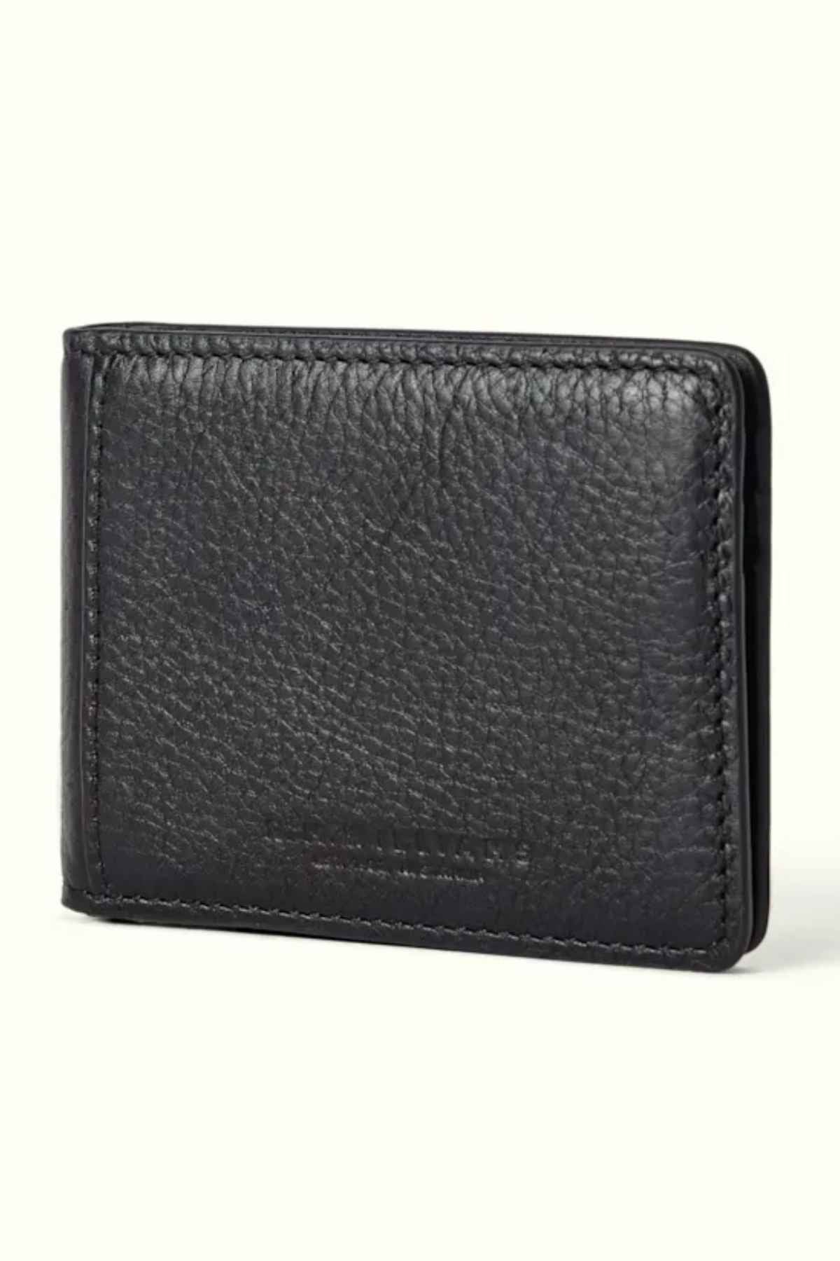 The RM Williams Farrier Bi Fold Wallet is a black leather cardholder with a textured surface and visible stitching, complete with card slots for easy organization, showcased against a light background.