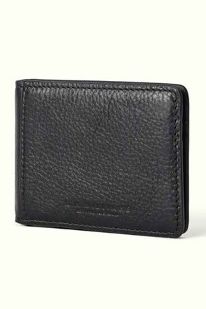 The RM Williams Farrier Bi Fold Wallet is a black leather cardholder with a textured surface and visible stitching, complete with card slots for easy organization, showcased against a light background.
