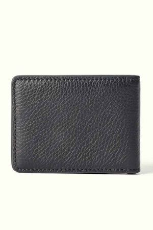 The RM Williams Farrier Bi Fold Wallet, crafted from black leather with a textured finish, boasts convenient card slots and is displayed closed against a plain background.