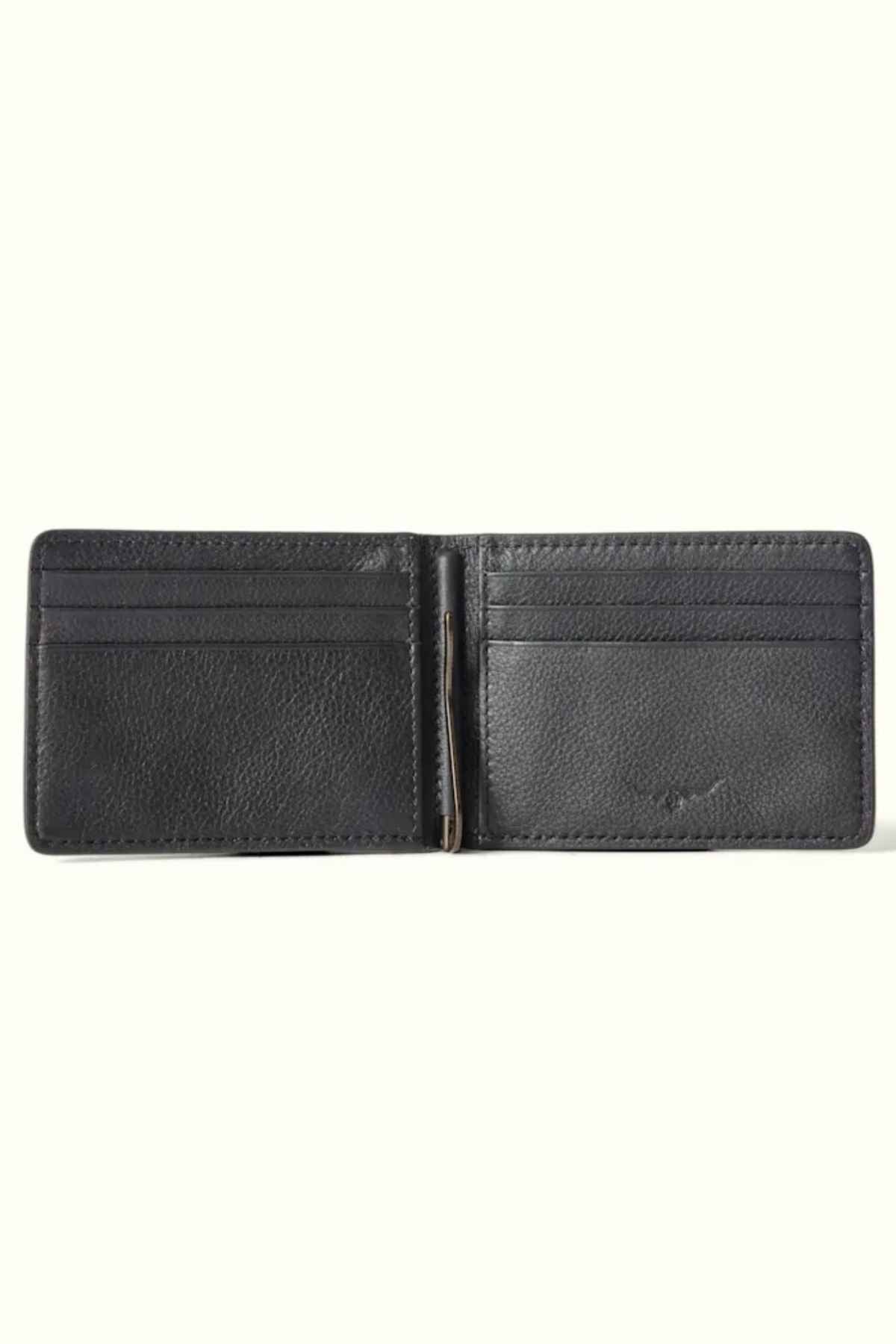 The RM Williams Farrier Bi Fold Wallet, crafted from premium smooth black leather, features multiple card slots and a center metal money clip, elegantly displayed on a light background.