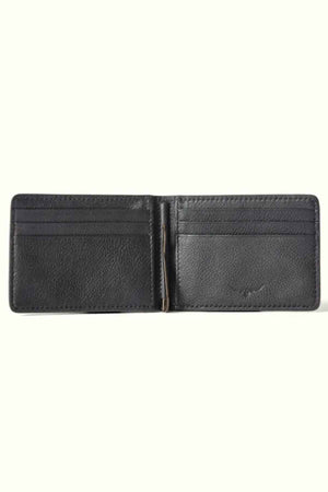 The RM Williams Farrier Bi Fold Wallet, crafted from premium smooth black leather, features multiple card slots and a center metal money clip, elegantly displayed on a light background.