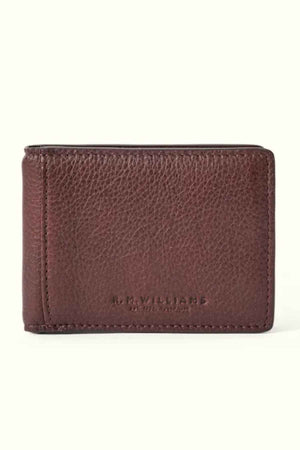 This modern RM Williams Farrier Bi-Fold Wallet is crafted from premium leather and features the "R.M. Williams" embossment on the front. Displayed closed against a plain background, it embodies timeless elegance and sophisticated style in its brown leather design.