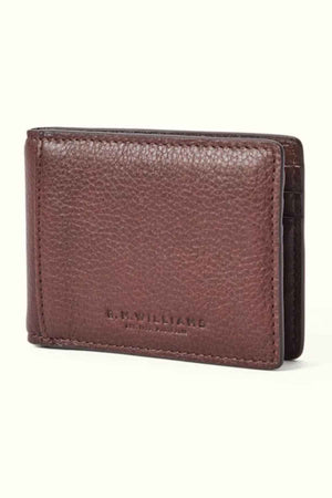 The RM Williams Farrier Bi Fold Wallet is a brown leather wallet with embossed text on the front, showcasing a simple and classic design. Made from premium leather, it features a grainy texture and a folded appearance, combining timeless style with modern wallet functionality.
