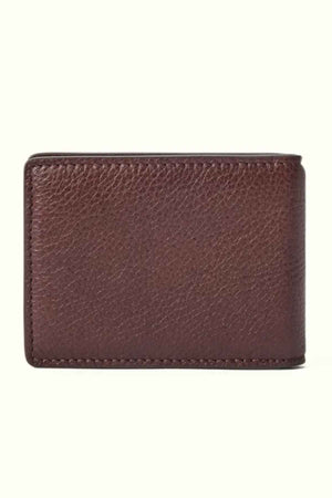 The RM Williams Farrier Bi Fold Wallet, crafted from premium brown leather, is shown closed with its textured surface highlighted against a light background.