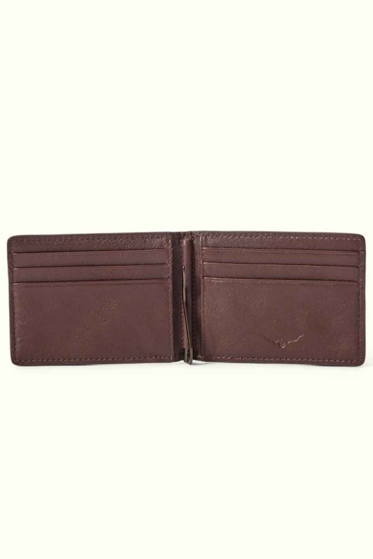 The RM Williams Farrier Bi Fold Wallet, crafted from premium brown leather, is showcased on a light background. It boasts multiple card slots and a central bill compartment for optimal organization, with a subtle logo on the right side highlighting its sophisticated design.