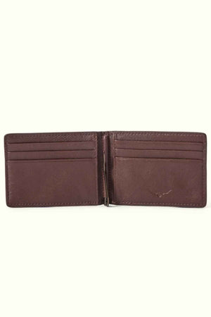 The RM Williams Farrier Bi Fold Wallet, crafted from premium brown leather, is showcased on a light background. It boasts multiple card slots and a central bill compartment for optimal organization, with a subtle logo on the right side highlighting its sophisticated design.