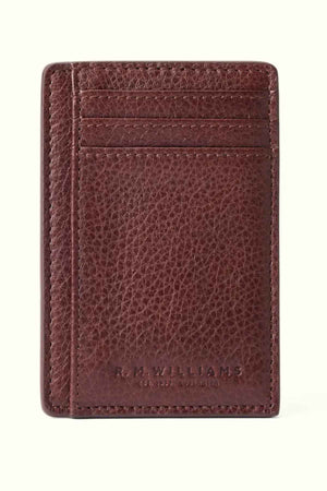 The RM Williams Farrier Cardholder with Money Clip is a premium leather wallet featuring multiple slots and embossed R.M.Williams branding at the bottom.