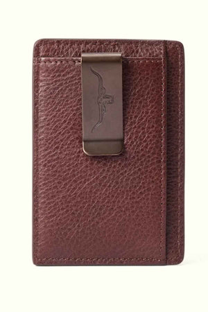 The RM Williams Farrier Cardholder with Money Clip features a luxurious textured brown leather finish, distinguished by an embossed longhorn emblem on its money clip. Its sleek, compact design stylishly accommodates both your cash and cards.