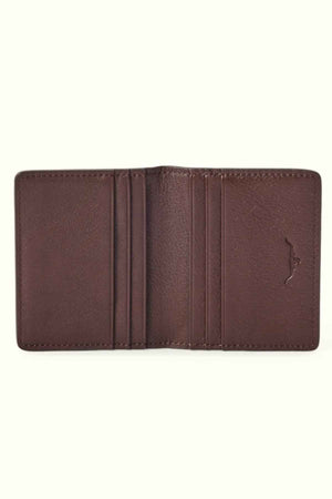 The RM Williams Farrier Fold Cardholder, designed in an open brown style and crafted from premium leather, features multiple card slots against a plain background.