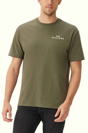 RM Williams Minimal Tee in the colour Military. Front angle of model wearing t shirt