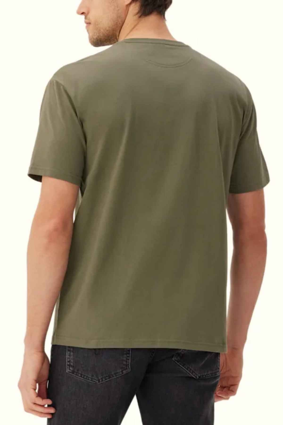 RM Williams Minimal Tee in the colour Military. Back angle of model wearing t shirt