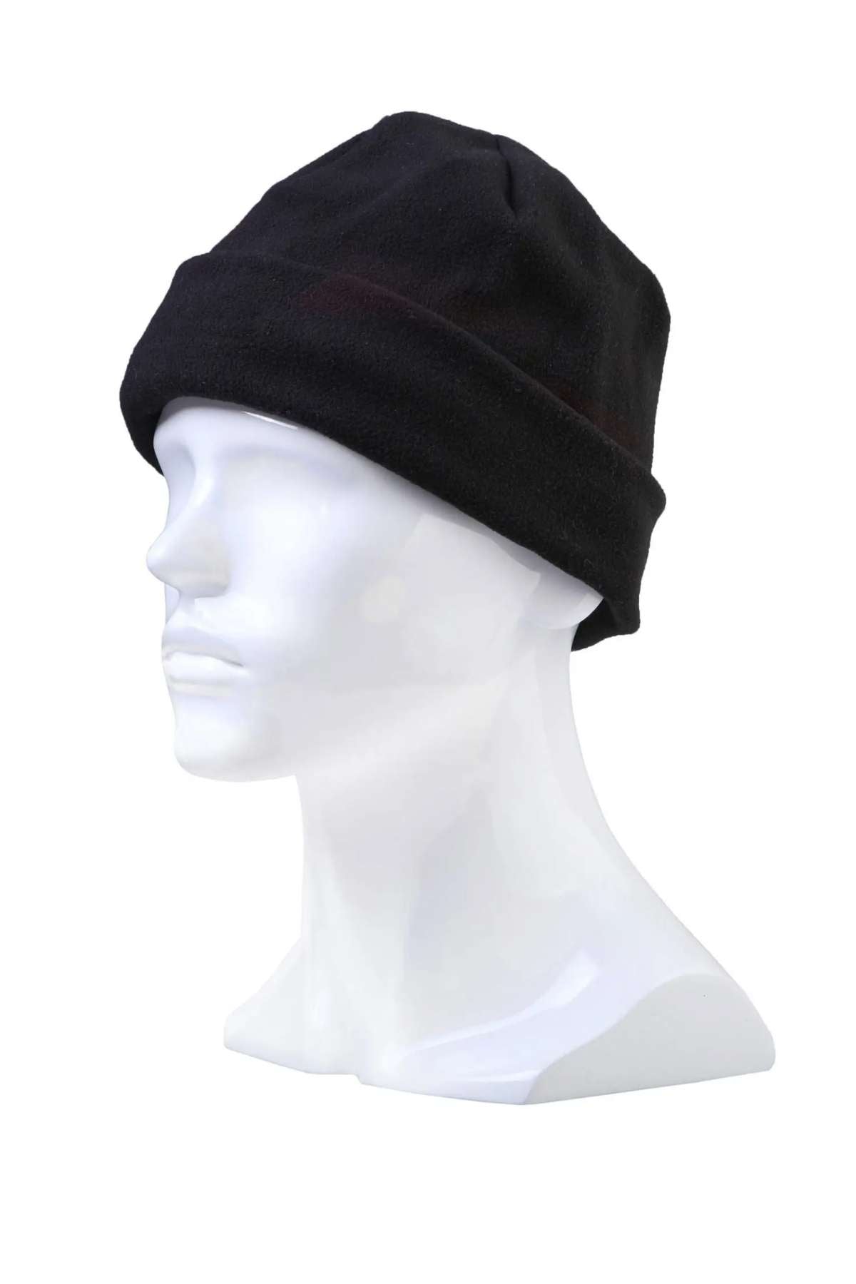 A white mannequin head is shown wearing a Rainbird Blizzard Plus Beanie. The black beanie, made with Thinsulate insulation, covers the top part of the head and ears, with the edge folded up to create a wide brim. The background is plain white.