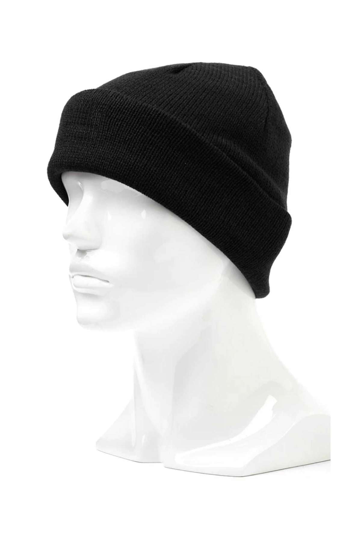 The Rainbird Frost Plus Beanie, featuring Thinsulate insulation and a turn-up cuff, is showcased on a white mannequin head. This black beanie boasts a ribbed texture and provides a snug fit that covers the forehead and ears. The mannequin is displayed against a plain white background.