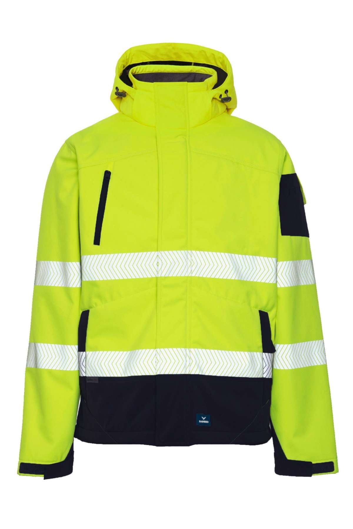 The Rainbird Hi Vis Jones Softshell Sherpa Lined Jacket is a bright yellow, waterproof UPF 50+ jacket with reflective chest and arm stripes, detachable hood, black accents, and zippered closure. Perfect for safety in low-light conditions.