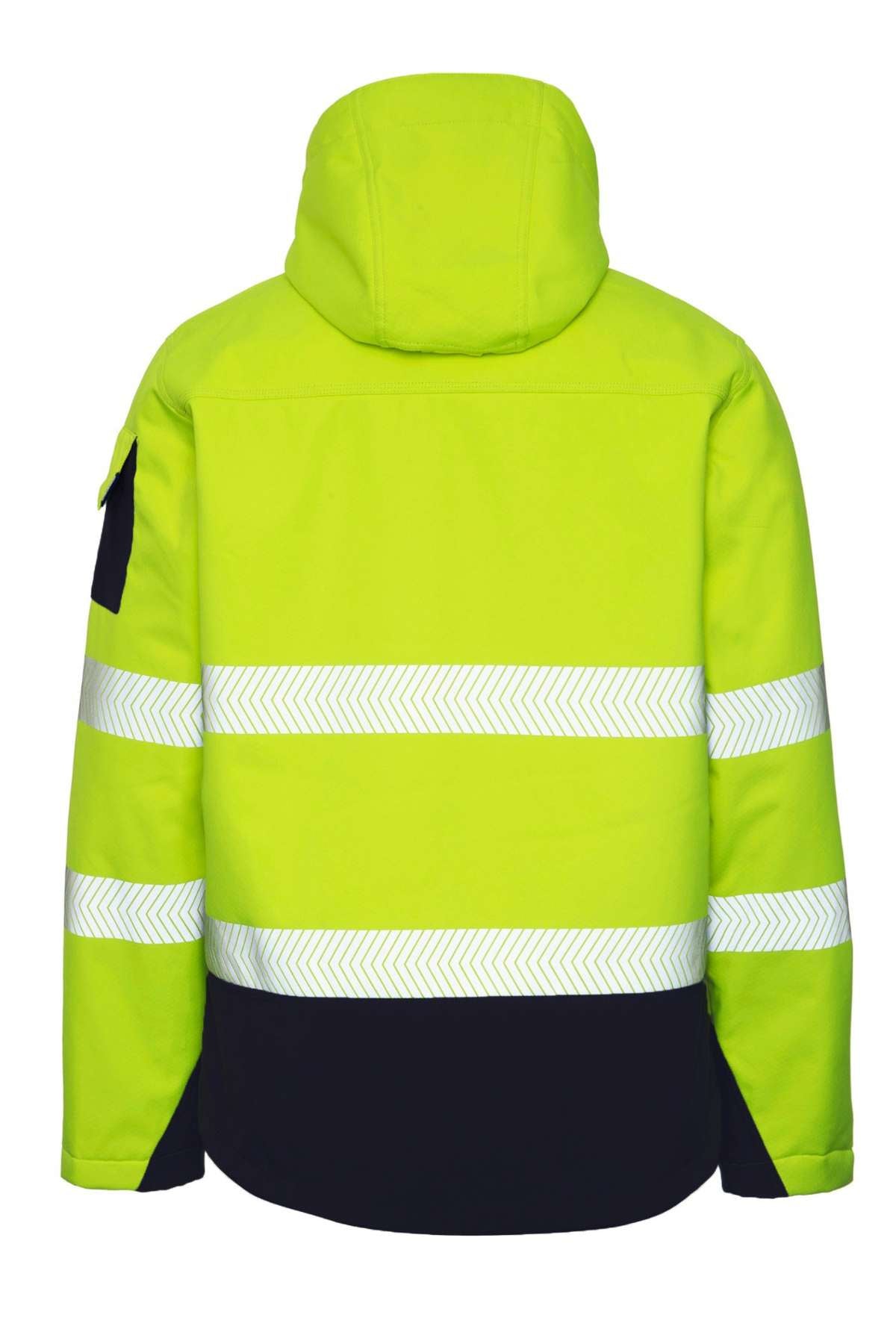 The Rainbird Hi Vis Jones Softshell Sherpa Lined Jacket is bright yellow-green with UPF 50+ and a detachable hood. It showcases reflective stripes on the torso, black accents at the bottom and sleeves, and waterproof fabric for all-weather protection.