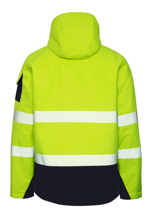 The Rainbird Hi Vis Jones Softshell Sherpa Lined Jacket is bright yellow-green with UPF 50+ and a detachable hood. It showcases reflective stripes on the torso, black accents at the bottom and sleeves, and waterproof fabric for all-weather protection.