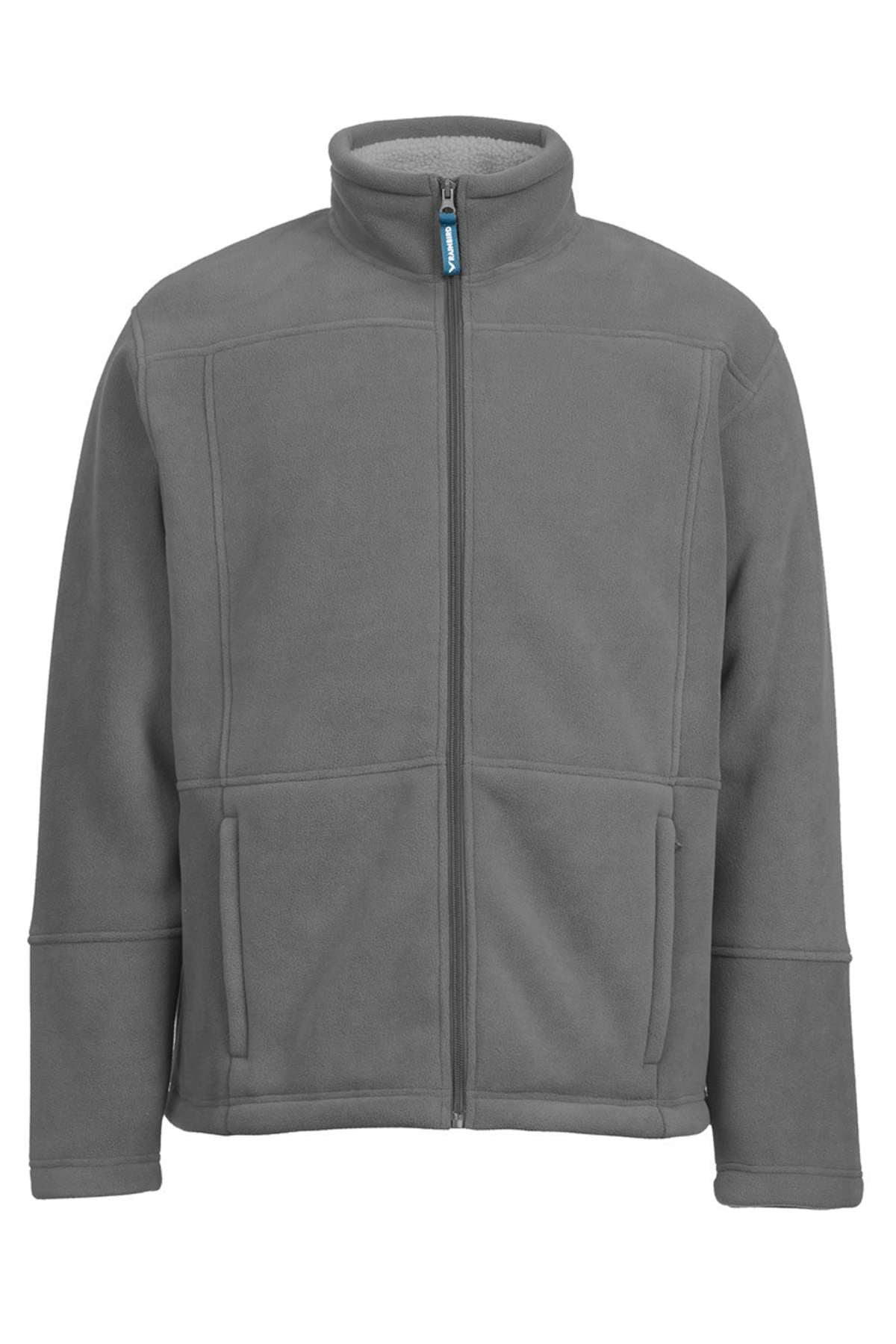 The Rainbird Lumber Jacket is gray, fleece-lined with a full zip front. Featuring a high collar and two side pockets, it offers extra warmth and appears soft and cozy, perfect for cooler weather.