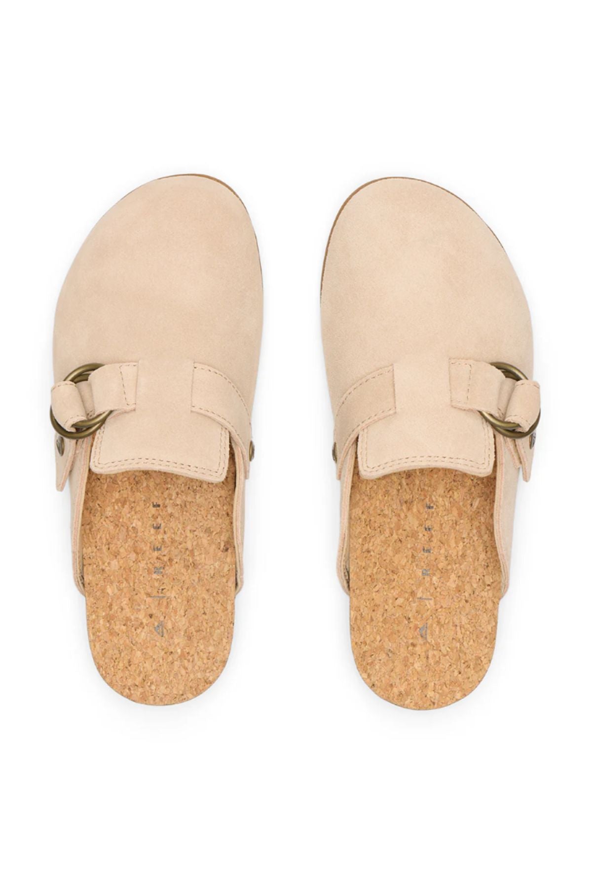 Top view of REEF Vista Serenity beige suede womenβs slip-ons with cork insoles, bronze buckles, closed toes, and open backsβcomfortable and stylish for everyday wear.