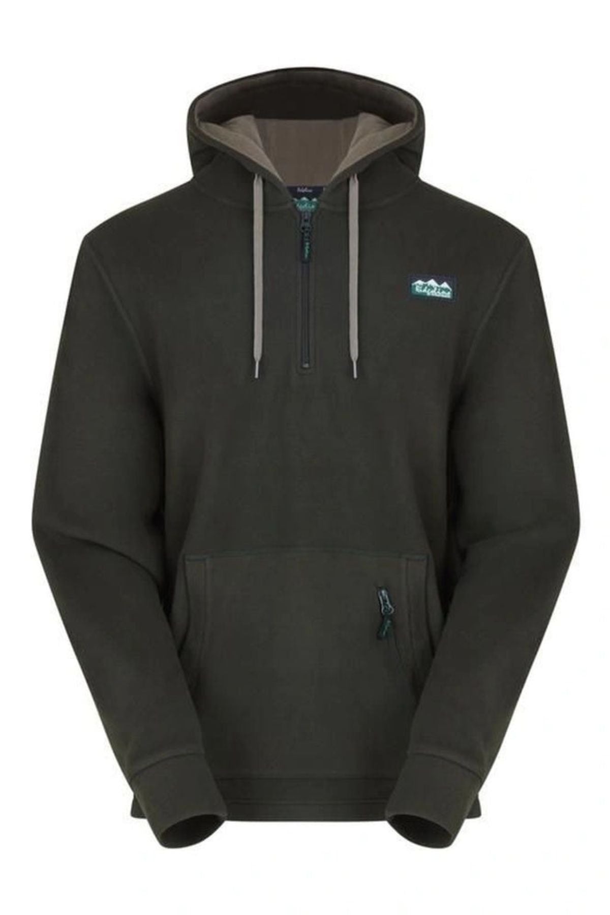 The Ridgeline Ballistic Fleece is a dark green hoodie pullover with warm fleece, a quarter-zip front, kangaroo pocket with zip section, small left chest logo patch, drawstrings, and ribbed cuffs for comfort.