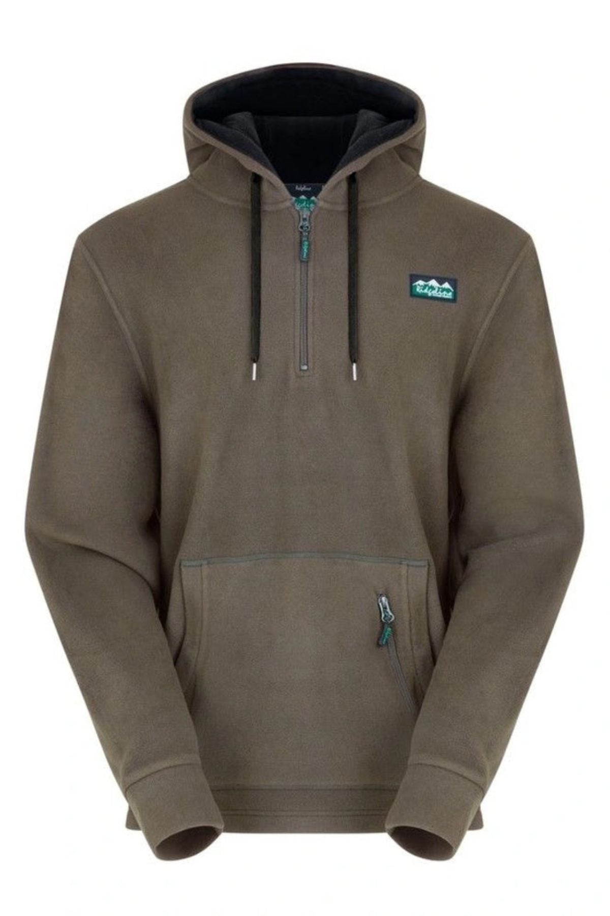 The Ridgeline Ballistic Fleece is a khaki thermal hoodie with a fleece pullover style, half-zip front, black drawstrings, chest logo patch, kangaroo pocket, and an extra zippered pocket on the lower right.