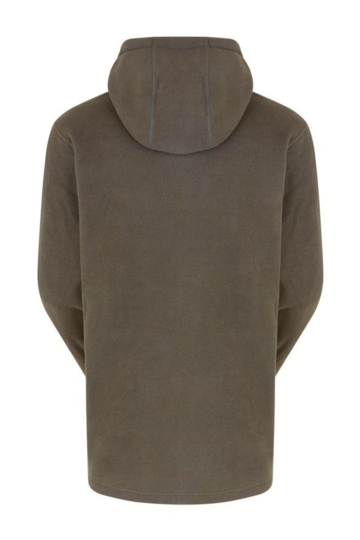 The Ridgeline Ballistic Fleece hoodie in dark olive green is displayed from the back against a white background, featuring long sleeves, a zip closure, and a seam running along the top of the hood.
