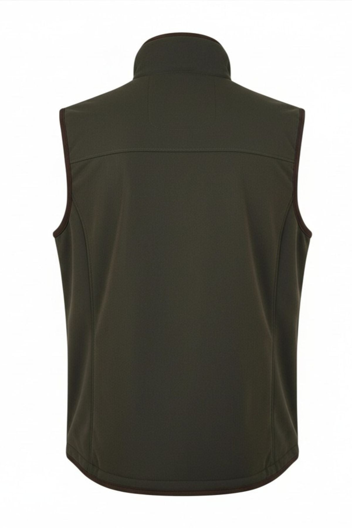 The Ridgeline Monarch Vest is displayed from the back in dark green, featuring a high collar and brown trim on the armholes and hem. The fabric has a smooth, structured look.
