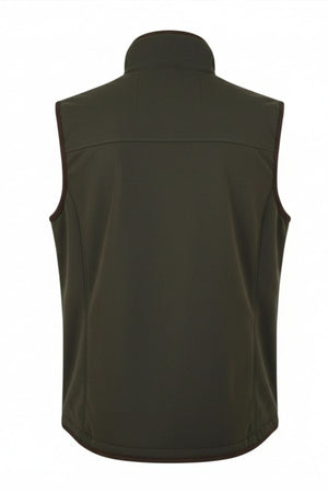 The Ridgeline Monarch Vest is displayed from the back in dark green, featuring a high collar and brown trim on the armholes and hem. The fabric has a smooth, structured look.