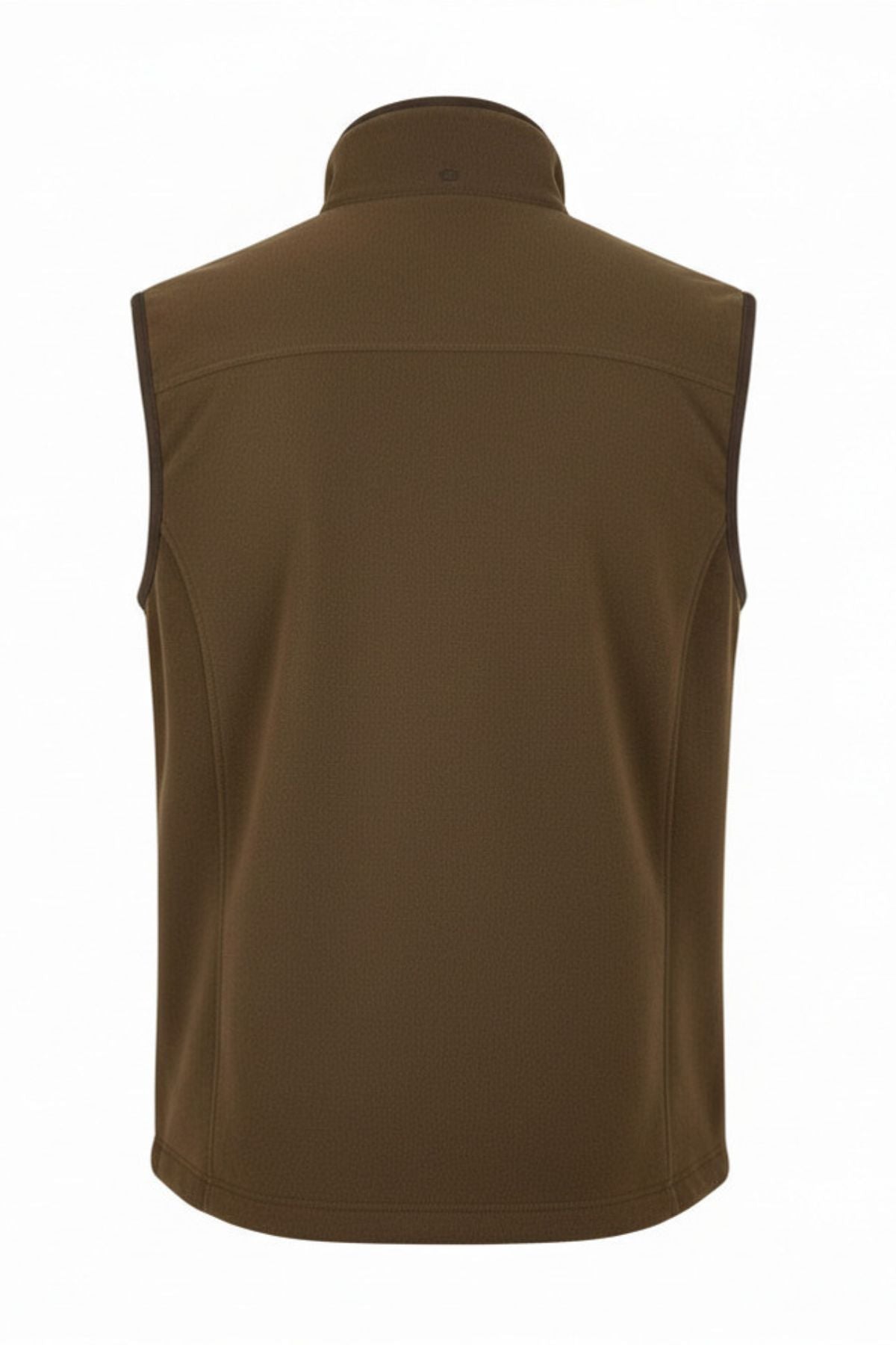 The Ridgeline Monarch Vest, shown from the back in brown, features a high collar and streamlined design. Made with Moleskin Tech-Knit Supreme, this sleeveless outdoor gilet is displayed against a plain white background.