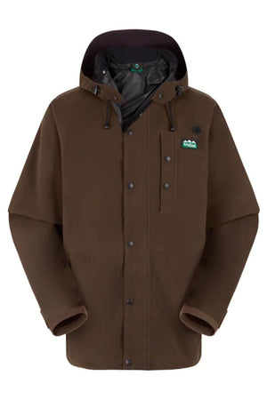 The Ridgeline Monsoon Classic Jacket is a brown, breathable outdoor jacket with an adjustable hood, button and zipper closures, chest and side pockets, plus a small green logo patch on the chest.