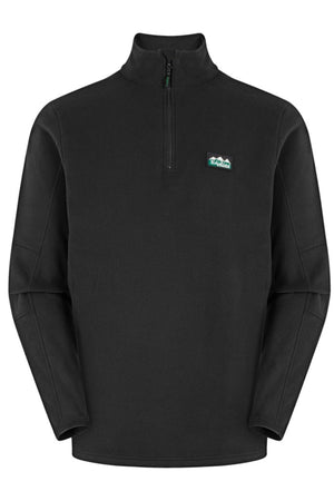 The Ridgeline Narvik Fleece is a black, lightweight quarter-zip pullover with a high collar and a small rectangular mountain logo on the left chest. Designed for hiking, it has no visible pockets for a streamlined outdoor fit.