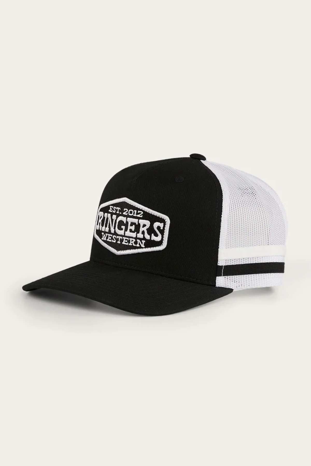 The Ringers Western Banks Trucker Cap features a black and white design with a curved brim, cotton twill front, breathable mesh back, and a patch reading "EST. 2012 RINGERS WESTERN" in white lettering.