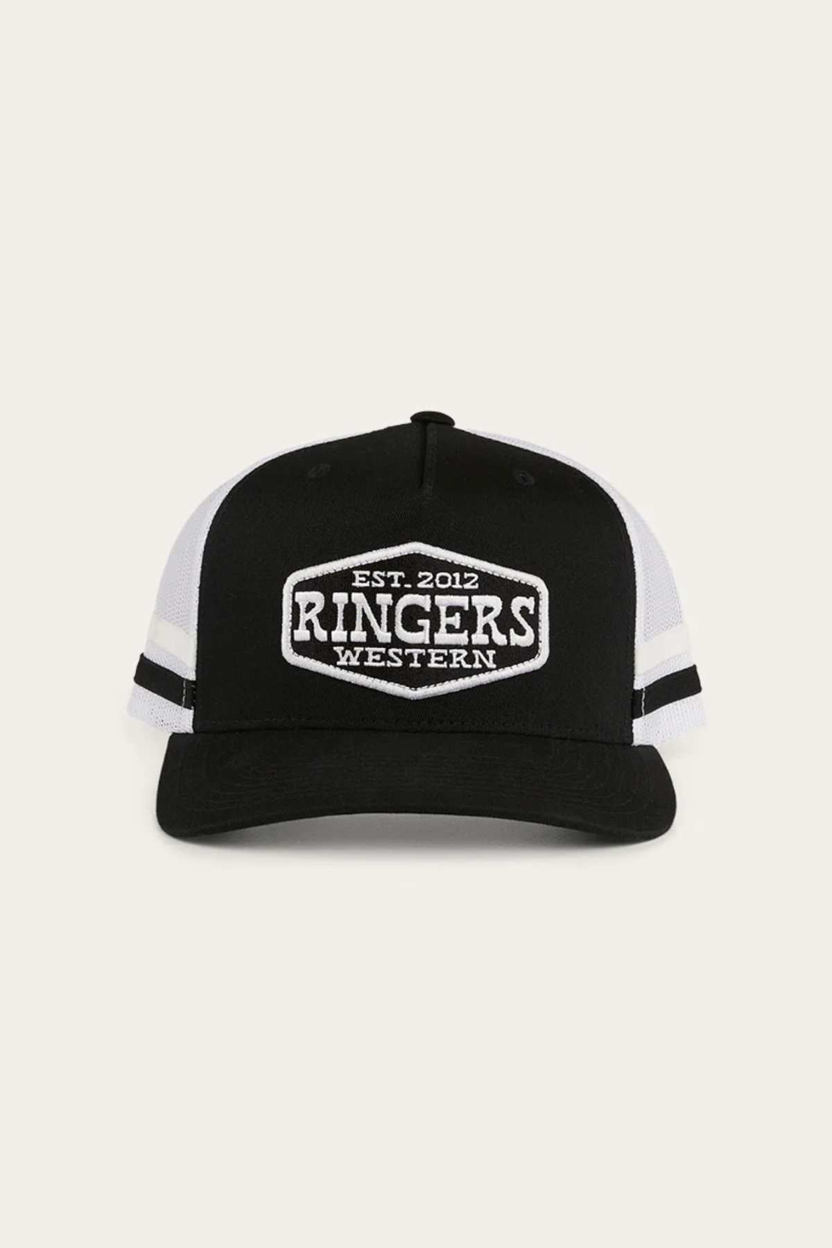 The Ringers Western Banks Trucker Cap features a classic black and white design with a curved brim, cotton twill front, mesh back, and a patch on the front showing "EST. 2012 RINGERS WESTERN" in bold white lettering.