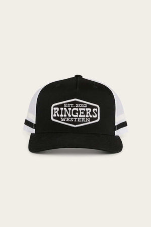 The Ringers Western Banks Trucker Cap features a classic black and white design with a curved brim, cotton twill front, mesh back, and a patch on the front showing "EST. 2012 RINGERS WESTERN" in bold white lettering.