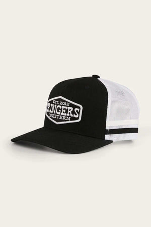 The Ringers Western Banks Trucker Cap features a black and white design with a curved brim, cotton twill front, breathable mesh back, and a patch reading "EST. 2012 RINGERS WESTERN" in white lettering.