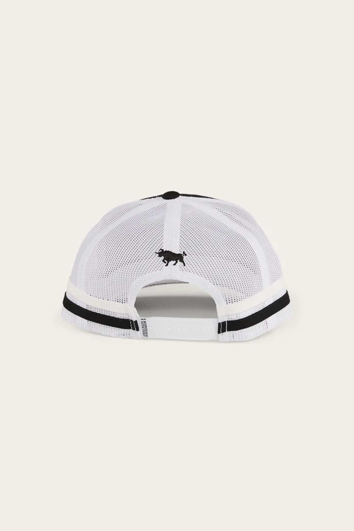 Back view of the Ringers Western Banks Trucker Cap in white mesh, featuring a black embroidered animal logo above the adjustable snapback, a black border stripe, and classic cotton twill accents.