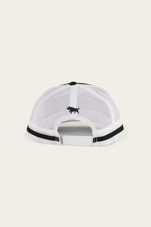Back view of the Ringers Western Banks Trucker Cap in white mesh, featuring a black embroidered animal logo above the adjustable snapback, a black border stripe, and classic cotton twill accents.