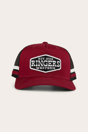 The Ringers Western Banks Trucker Cap boasts a maroon color complemented by black mesh sides and white stripes. Made from sturdy cotton twill, it includes an adjustable snapback to ensure an ideal fit. A patch on the front displays "Ringers Western Est. 2012" on a backdrop of off-white.