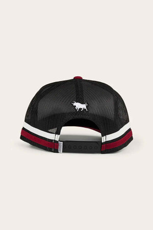 The Ringers Western Banks Trucker Cap features a resilient cotton twill design with a white horse emblem on the back. It includes bold black and red stripes and an adjustable snapback closure to ensure a perfect fit.